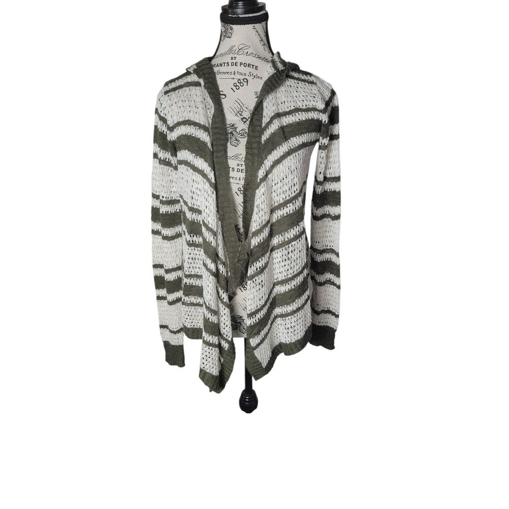 Maurices Womens L Olive White Hooded Open Knit Cardigan Casual Layering‎ Cozy